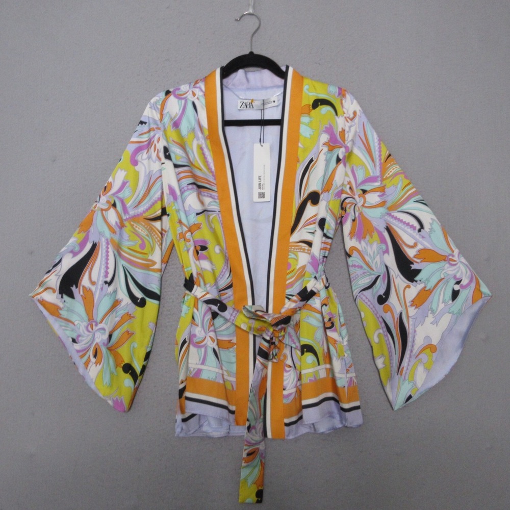 Zara Top Kimono XSβ Colorful Bell Sleeve Belted Satin Swirl Blogger Favorite NWT